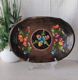 Vintage Mexican Folk Art Hand Painted Floral Oval Wood Serving Platter